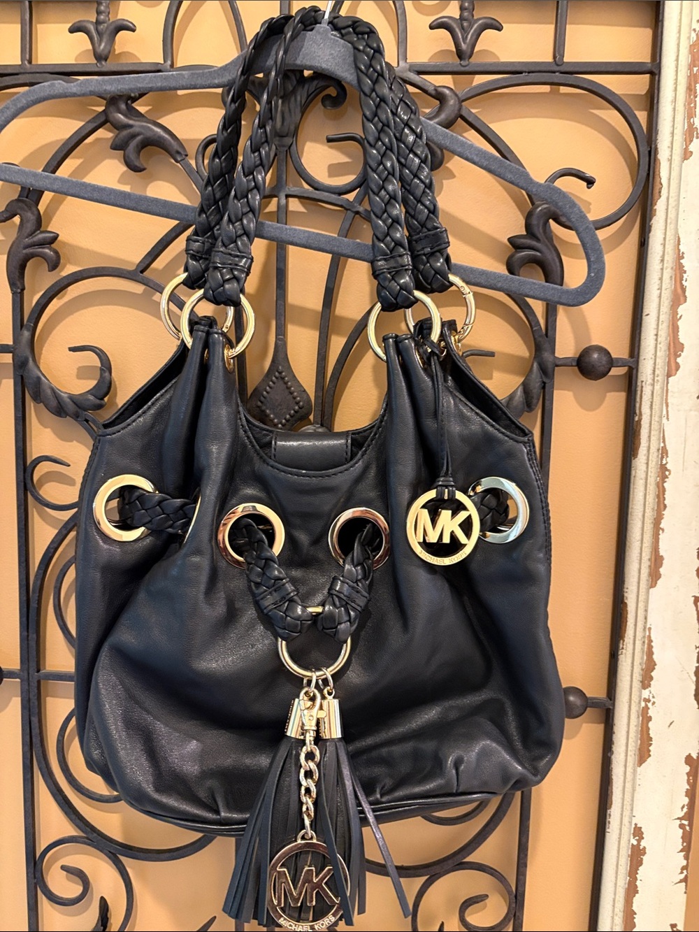 Michael Kors Black Leather Shoulder Bag with Braided Handles